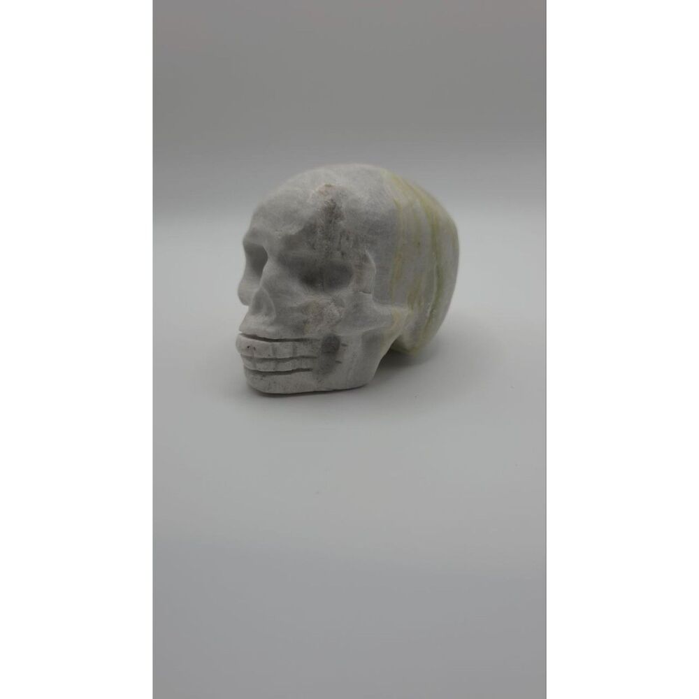 White Gray Banded Stone Skull Carving Polished Crystal Figurine